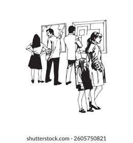 Stylized decorative elements, black and white graphic People viewing art, black and white sketch, simple design