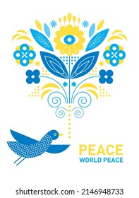 Stylized decorative flowers and bird in blue and yellow colors. Banner, poster template. 