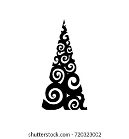 Stylized decorative handdrawn doodle black fir tree on white background. Winter holiday greeting card. Vector Illustration