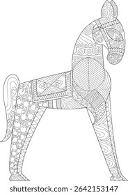 Stylized Decorative Horse Line Art for Coloring Book, Detailed black and white vector line art illustration of a stylized horse filled with intricate patterns in a decorative, zentangle or folk art