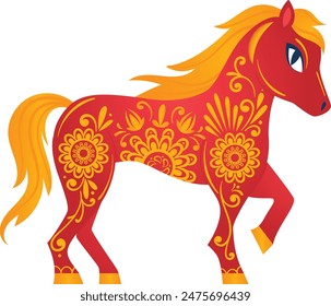 Stylized decorative horse stands prancing orange mane intricate floral patterns. Bright red body adorned detailed yellow flowers, illustration symbolizes celebration. Colorful, artistic design