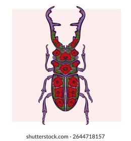 Stylized decorative illustration of a beetle with intricate floral patterns in Art Nouveau style, inspired by nature.