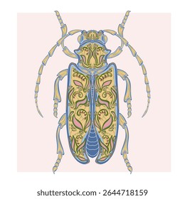 Stylized decorative illustration of a beetle with intricate floral patterns in Art Nouveau style, inspired by nature.