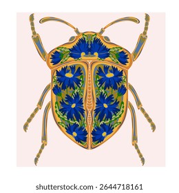 Stylized decorative illustration of a beetle with intricate floral patterns in Art Nouveau style, inspired by nature.