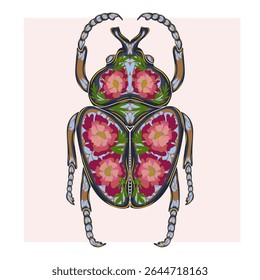 Stylized decorative illustration of a beetle with intricate floral patterns in Art Nouveau style, inspired by nature.