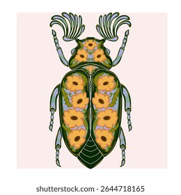 Stylized decorative illustration of a beetle with intricate floral patterns in Art Nouveau style, inspired by nature.
