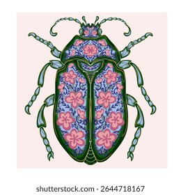 Stylized decorative illustration of a beetle with intricate floral patterns in Art Nouveau style, inspired by nature.