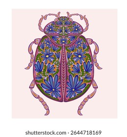 Stylized decorative illustration of a beetle with intricate floral patterns in Art Nouveau style, inspired by nature.