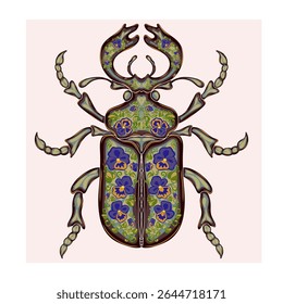 Stylized decorative illustration of a beetle with intricate floral patterns in Art Nouveau style, inspired by nature.
