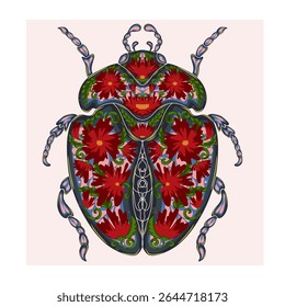 Stylized decorative illustration of a beetle with intricate floral patterns in Art Nouveau style, inspired by nature.