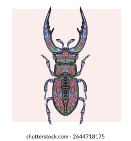 Stylized decorative illustration of a beetle with intricate floral patterns in Art Nouveau style, inspired by nature.