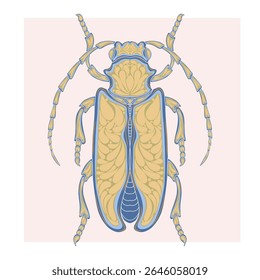 Stylized decorative illustration of a beetle with intricate Art Nouveau patterns inspired by nature.