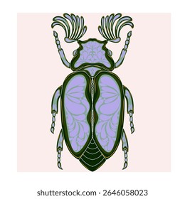 Stylized decorative illustration of a beetle with intricate Art Nouveau patterns inspired by nature.