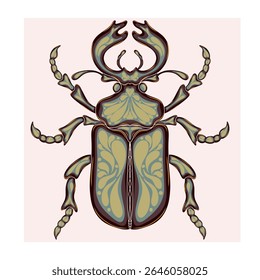 Stylized decorative illustration of a beetle with intricate Art Nouveau patterns inspired by nature.