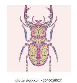 Stylized decorative illustration of a beetle with intricate Art Nouveau patterns inspired by nature.