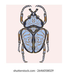 Stylized decorative illustration of a beetle with intricate Art Nouveau patterns inspired by nature.
