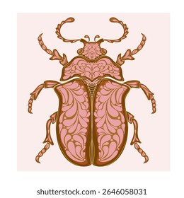 Stylized decorative illustration of a beetle with intricate Art Nouveau patterns inspired by nature.