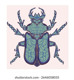 Stylized decorative illustration of a beetle with intricate Art Nouveau patterns inspired by nature.