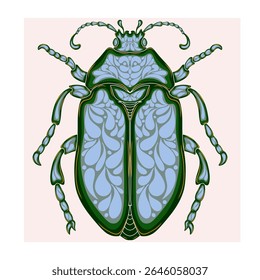 Stylized decorative illustration of a beetle with intricate Art Nouveau patterns inspired by nature.