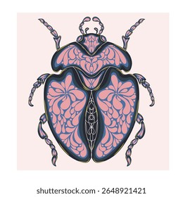 Stylized decorative illustration of a beetle with intricate Art Nouveau patterns inspired by nature.