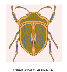 Stylized decorative illustration of a beetle with intricate Art Nouveau patterns inspired by nature.