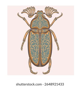 Stylized decorative illustration of a beetle with intricate Art Nouveau patterns inspired by nature.