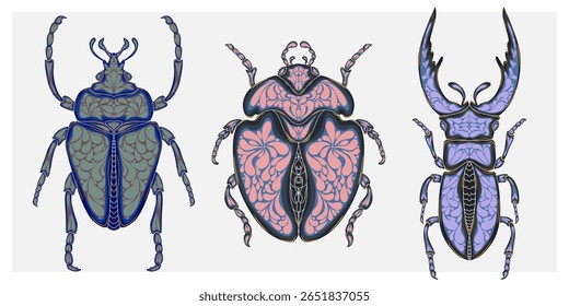 Ilustração decorativa estilizada de um besouro com intrincados padrões Art Nouveau inspirados pela natureza.
