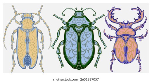 Ilustração decorativa estilizada de um besouro com intrincados padrões Art Nouveau inspirados pela natureza.
