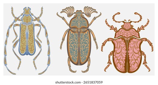 Ilustração decorativa estilizada de um besouro com intrincados padrões Art Nouveau inspirados pela natureza.