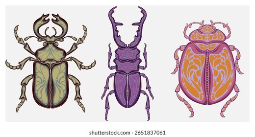 Ilustração decorativa estilizada de um besouro com intrincados padrões Art Nouveau inspirados pela natureza.