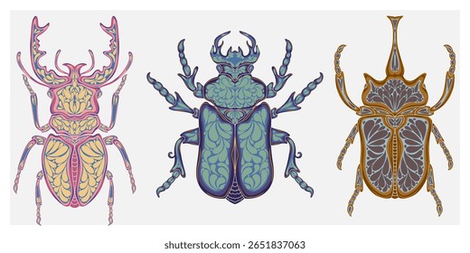 Ilustração decorativa estilizada de um besouro com intrincados padrões Art Nouveau inspirados pela natureza.