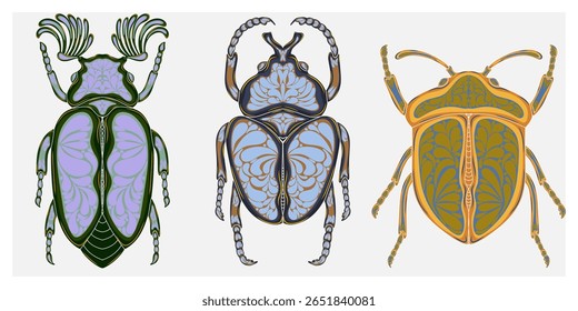 Ilustração decorativa estilizada de um besouro com intrincados padrões Art Nouveau inspirados pela natureza.