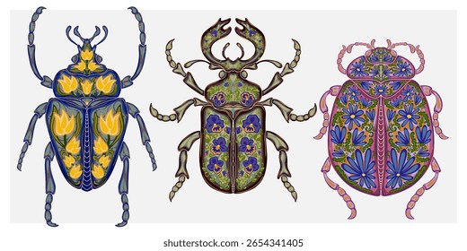 Stylized decorative illustration of a beetle with intricate floral patterns in Art Nouveau style, inspired by nature.