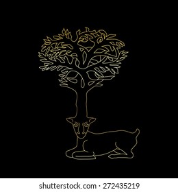 Stylized decorative image deer with horns in form of Celtic symbol tree, gold on black