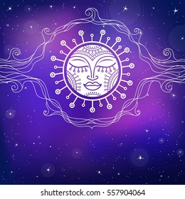   Stylized decorative image of the sun. Openwork vignette. A background - the star sky. Vector illustration. Print, posters, t-shirt, card. 