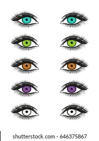 Stylized decorative makeup set. Hand drawn bright eyes with thick, long eyelashes and perfect brows. Vector illustration