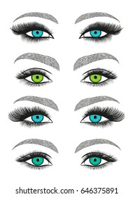 Stylized decorative makeup set. Hand drawn bright eyes with thick, long eyelashes and perfect brows. Vector illustration