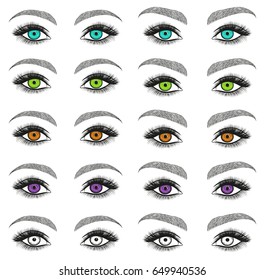 Stylized decorative makeup set. Hand drawn bright eyes with thick, long eyelashes and perfect brows. Vector illustration