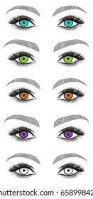 Stylized decorative makeup set. Hand drawn bright eyes with thick, long eyelashes and perfect brows. Vector illustration