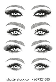 Stylized decorative makeup set. Hand drawn eyes with thick, long eyelashes and perfect brows. Black and white isolated vector illustration 