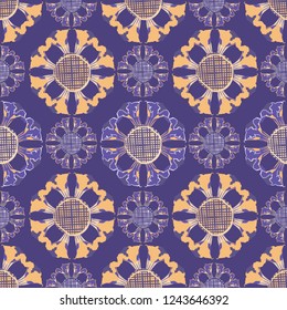 Stylized decorative mosaic pattern in violet, yellow and white. Seamless vector mandala design with textured crosshatch and ornamental details. Great for textiles, gift wrapping and wallpaper.