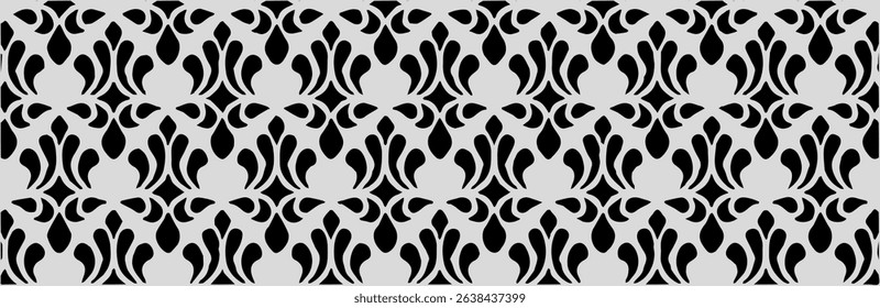 Stylized decorative pattern in black and white with floral-inspired symmetry, ideal for wallpaper or borders.