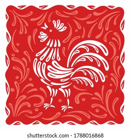 Stylized decorative rooster surrounded by ornaments