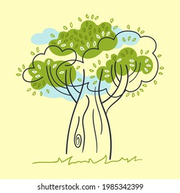 Stylized decorative tree, blue clouds, grass. Yellow background. Vector illustration.