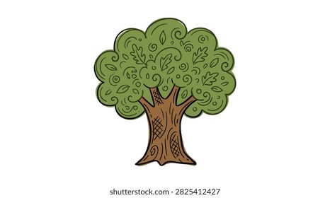 Stylized decorative tree featuring swirling leaf patterns and crosshatched bark. Unique artistic design element vector.