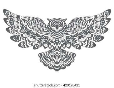 Stylized Decorative Vector Owl. Drawing for Coloring Book or Print for T-shirt . Tattoo in Boho Style.