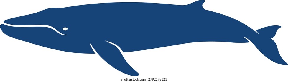 A stylized, deep blue silhouette of a humpback whale, showcasing its distinctive pectoral fins and fluke, isolated on a white background.