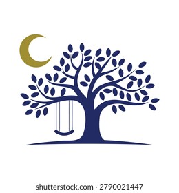 Stylized deep blue tree with a crescent moon and swing isolated on a transparent background