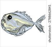 Stylized deep sea hatchetfish vector illustration isolated on white background. Scary deep sea creature. Creepy design. Unique shape. Artistic, picturesque, hand-drawn, vector illustration. Clip art. Print on sketchbooks, stickers, cards.