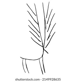 Stylized deer with antlers. Ancient animal design from Los Millares in Spain. Black and white linear silhouette. Hand drawn doodle sketch.